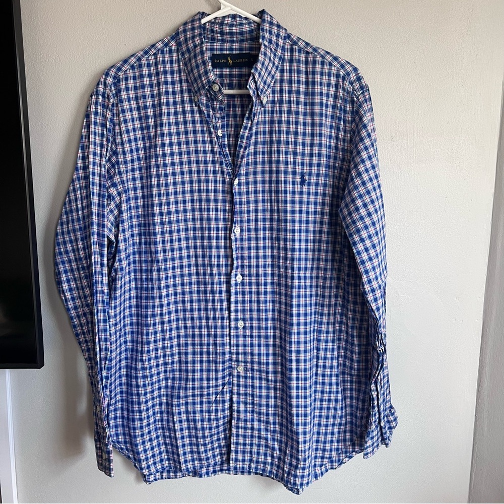 Ralph‎ Lauren Plaid Button Down Shirt Navy Pony Logo L Blue Red
